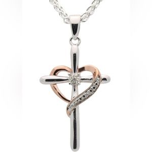 925 Sterling Silver Heart Shaped Diamond Cross Necklace